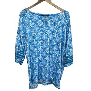 Ali Miles Womens Blue Geometric Linen Blend Eyelet Sleeve Tunic Top 3X